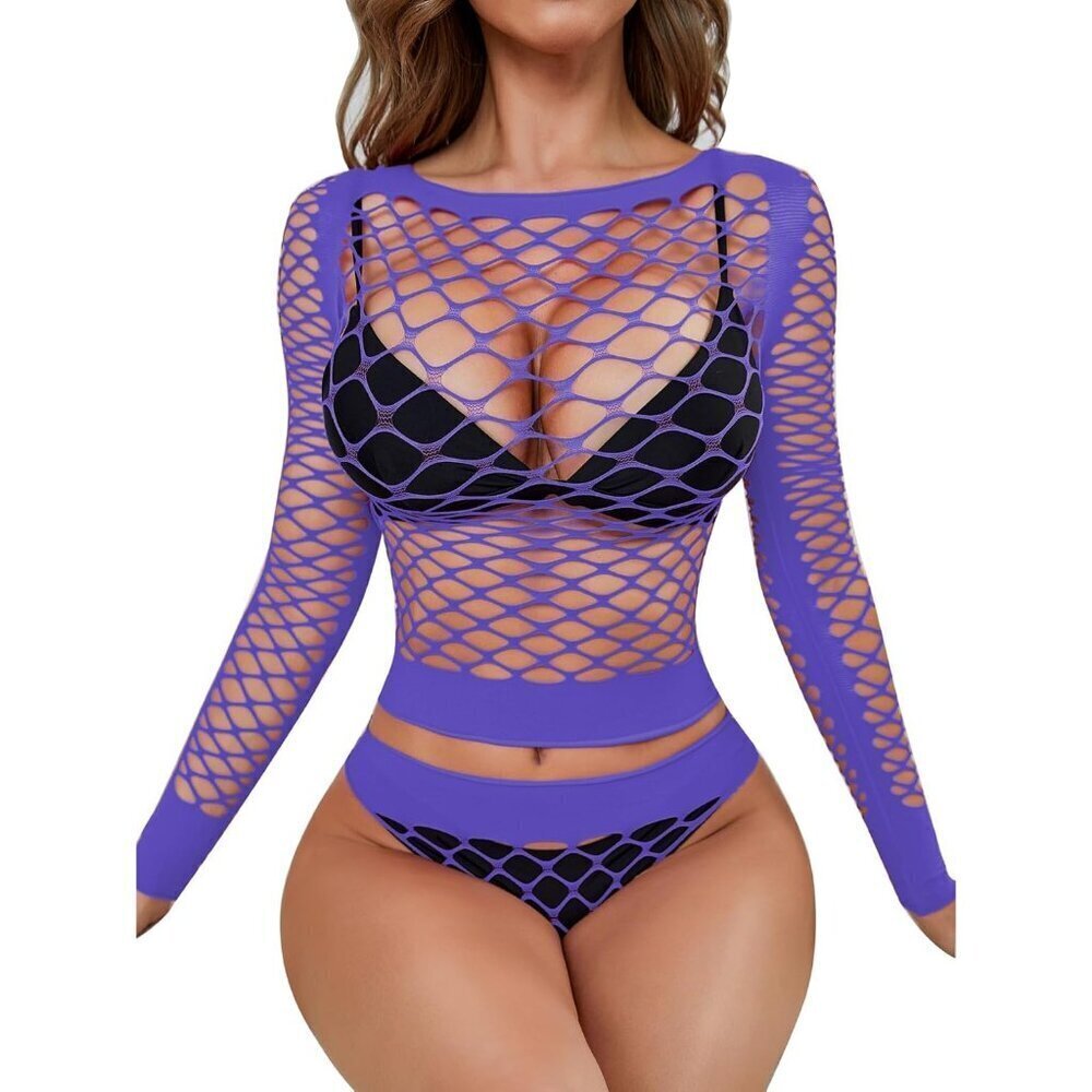 🆕 Women Purple Sexy Mesh Lingerie Fishnet Babydoll Long Sleeve Bodysuit Shirts